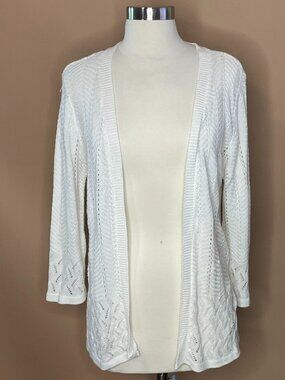 Notions White Open Knit Cardigan Sweater Lightweight Boho Layering Top